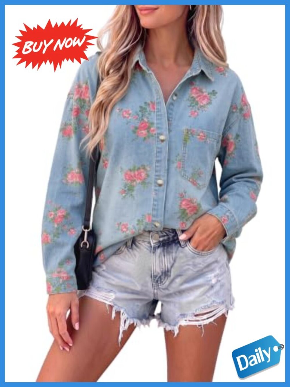 Oversized Floral Cotton Blend Button Down Denim Shirt